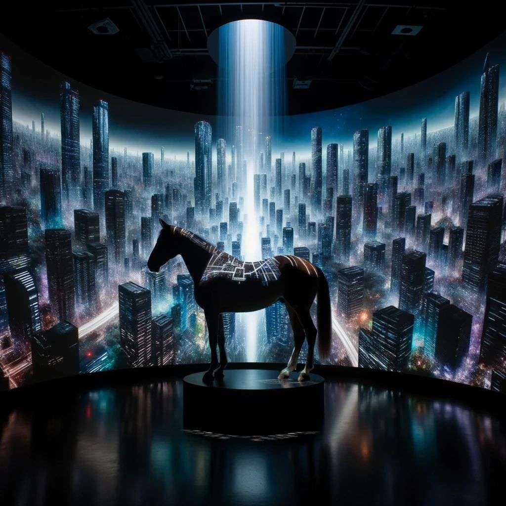 a horse, a hologram projection